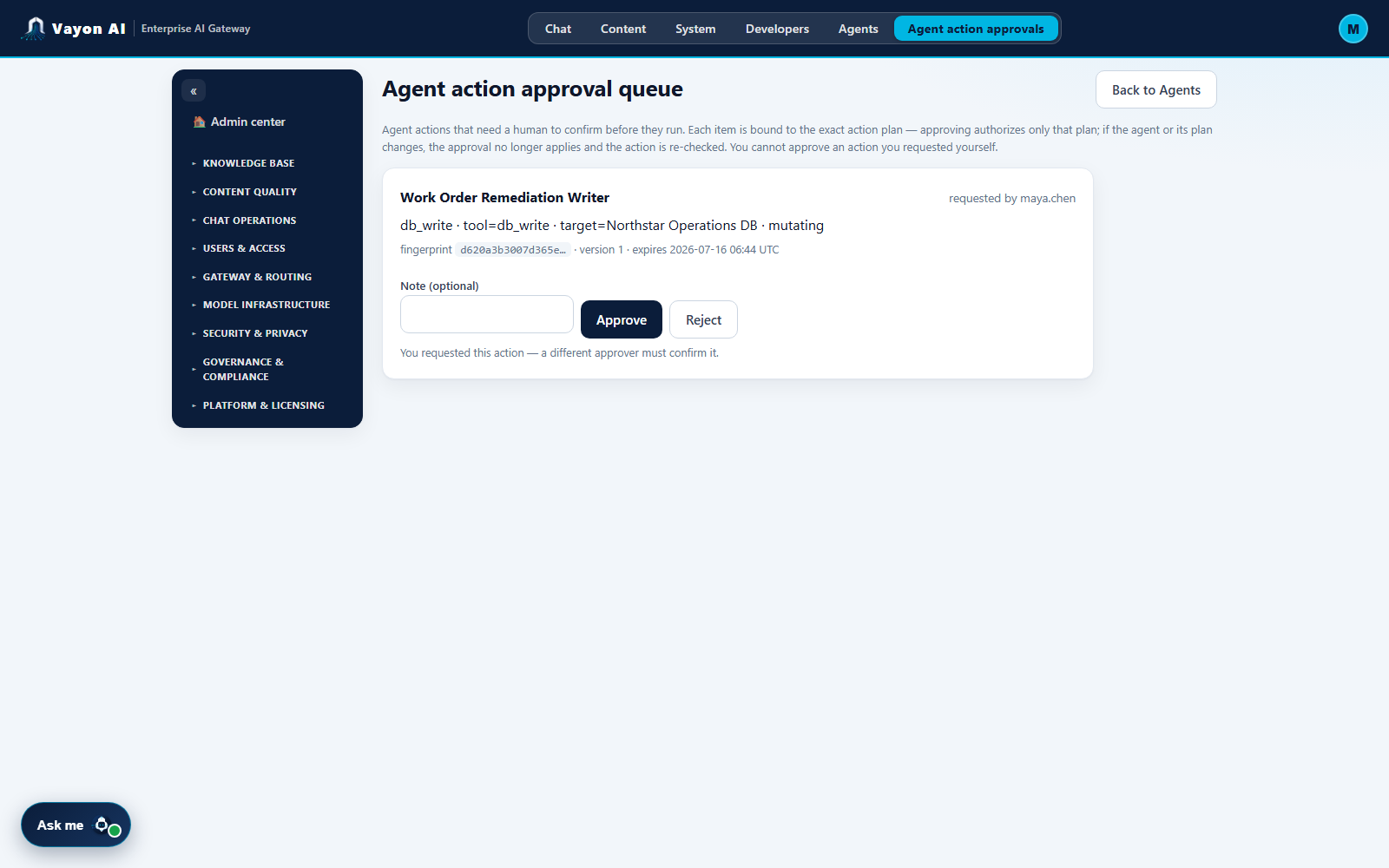 The agent action approvals queue showing a pending high-risk write awaiting a human decision, with self-approval disabled for the requester.