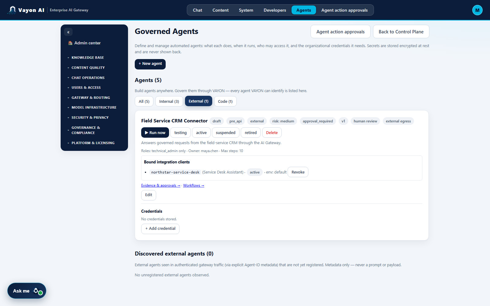 An external agent card in Vayon AI showing business owner, risk level, permissions and the bound integration client that gives it an authorized technical identity.