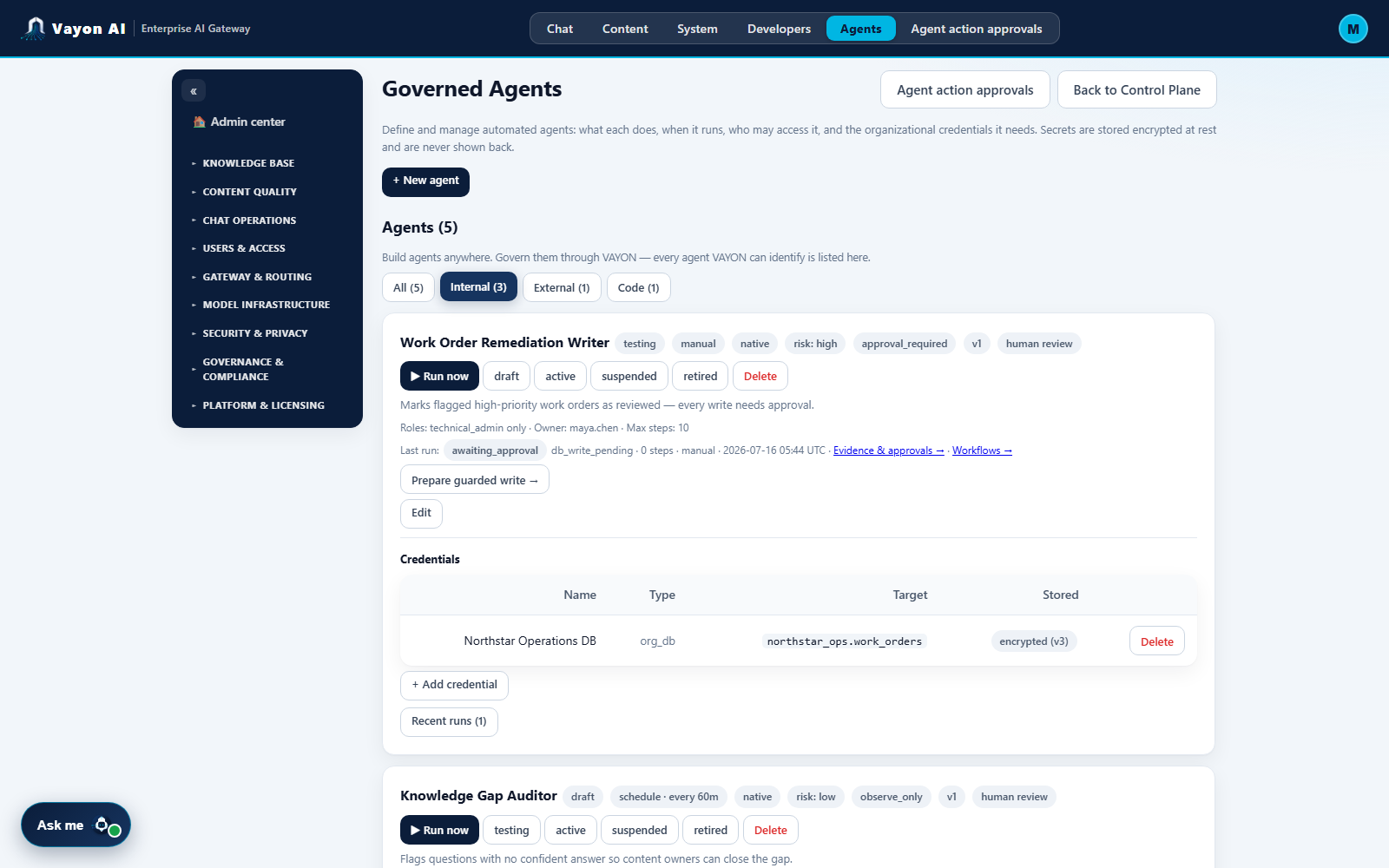 The Unified Agent Inventory filtered to internal agents.