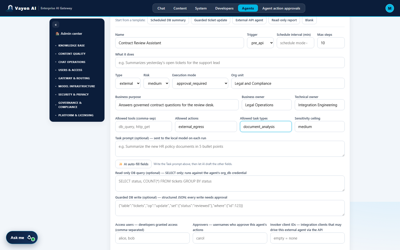 The Vayon AI agent registration form with fields for ownership, risk level, sensitivity ceiling, allowed tools, actions and task types, and an AI auto-fill assist.