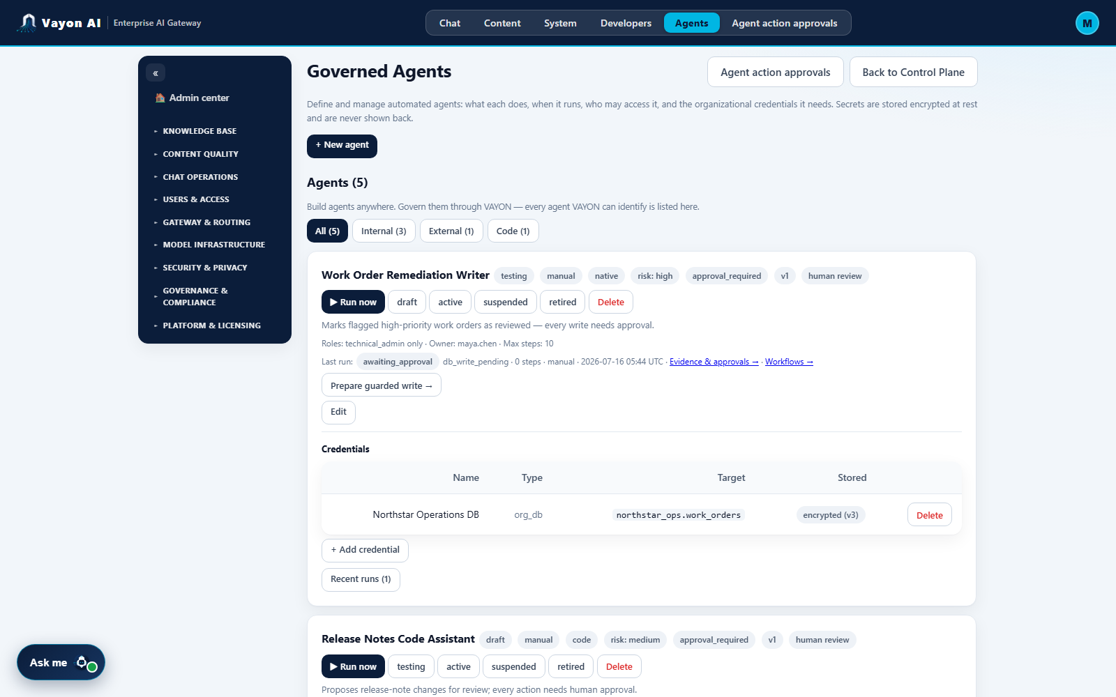 Vayon AI Agent Control Center showing the Unified Agent Inventory with internal, external and code agents, filterable by type.