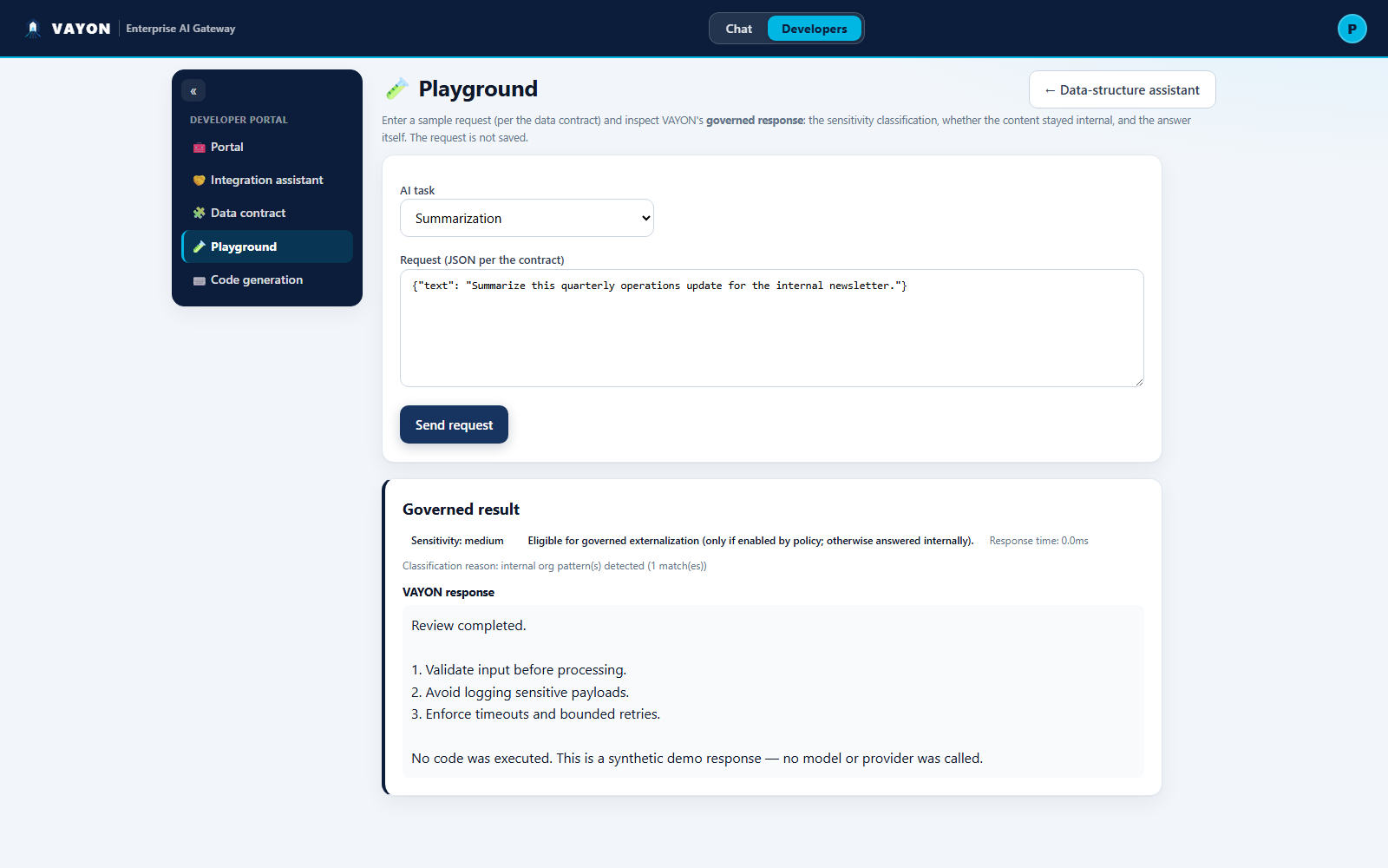 Der Bildschirm für kontrollierte Anfragen im Vayon AI-Entwickler-Playground.