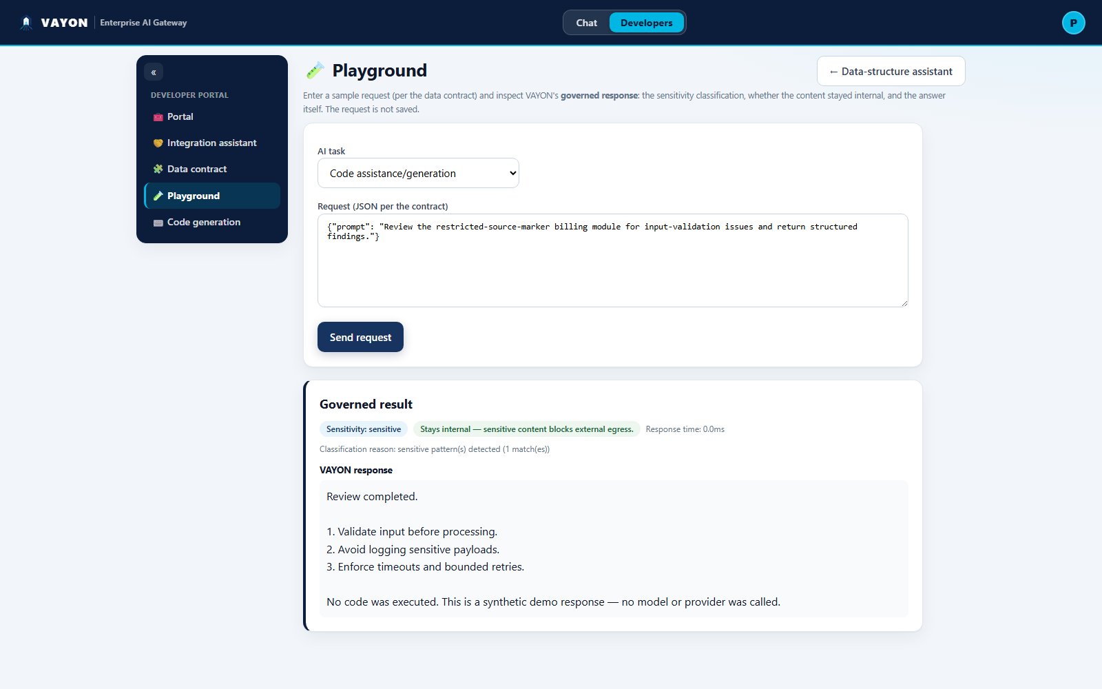 Das Entwickler-Playground zeigt eine sensible Anfrage, die intern gehalten wird.