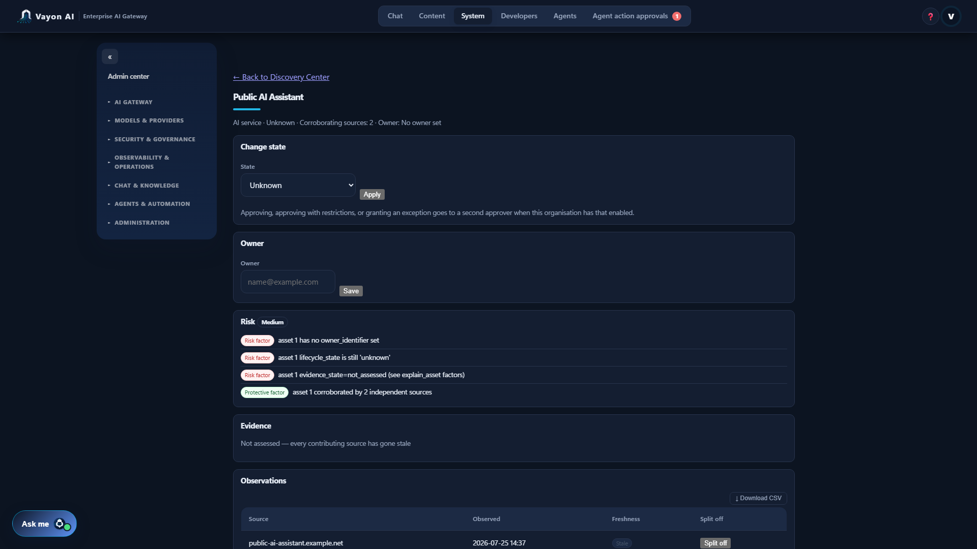 Vayon AI discovered AI asset detail showing state, ownership, risk factors and corroborating sources.