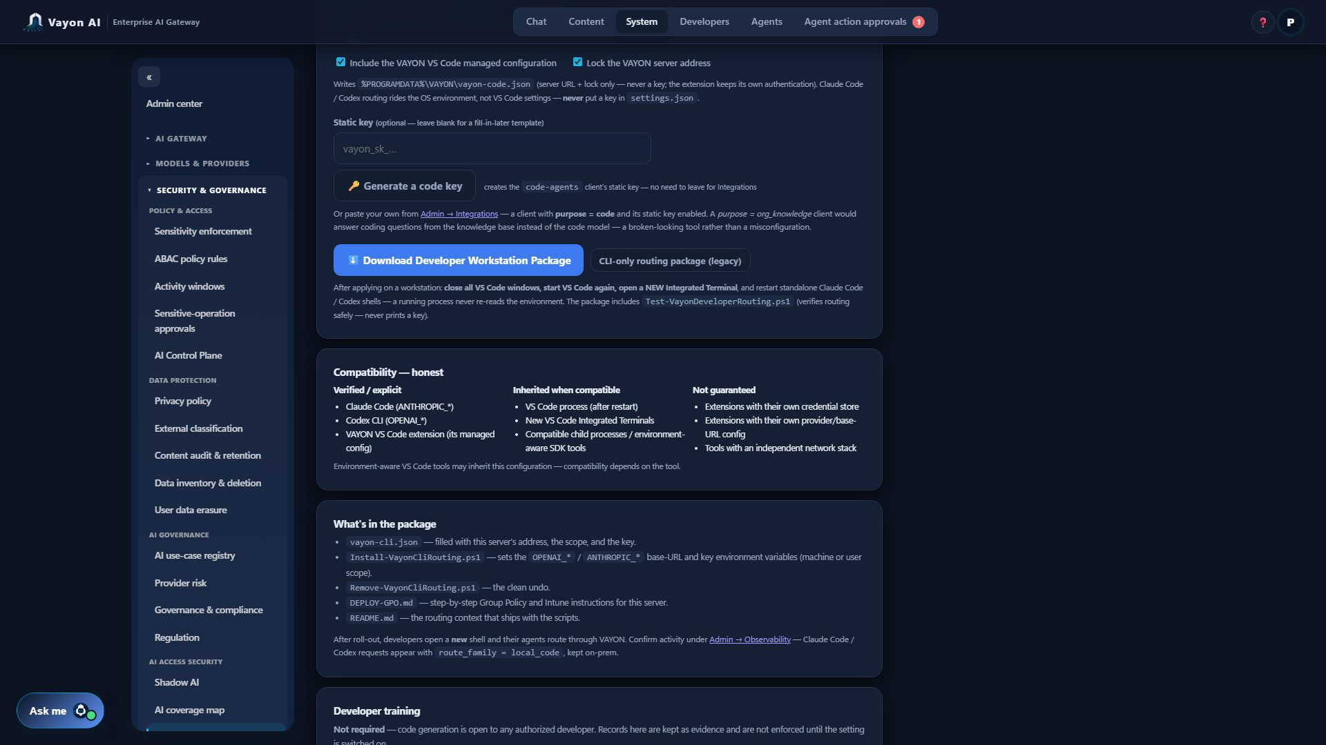 Vayon AI managed developer configuration and Developer Workstation package.