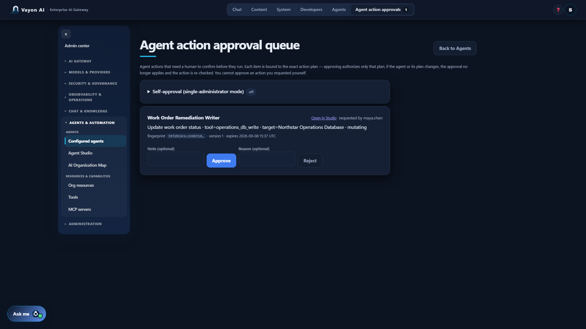 Vayon AI agent action approval queue showing a significant action awaiting human review.