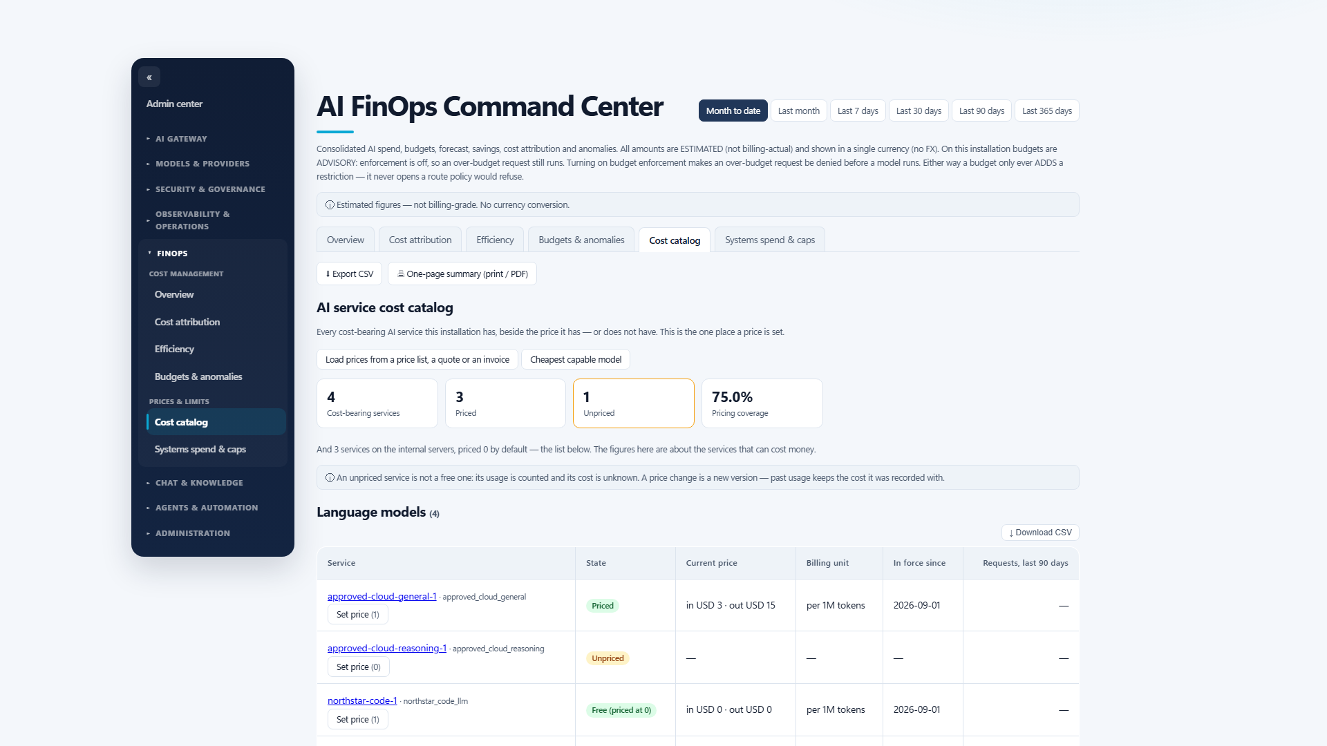 The Vayon AI service cost catalog, showing priced, unpriced and free services as distinct states with effective dates and price history.