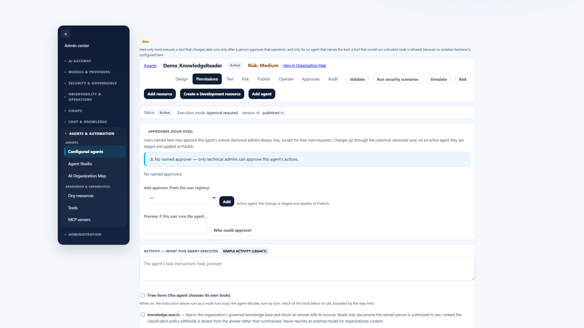 Agent Studio showing a published agent: active, version v1, execution mode Approval required, and the four-eyes approver panel.
