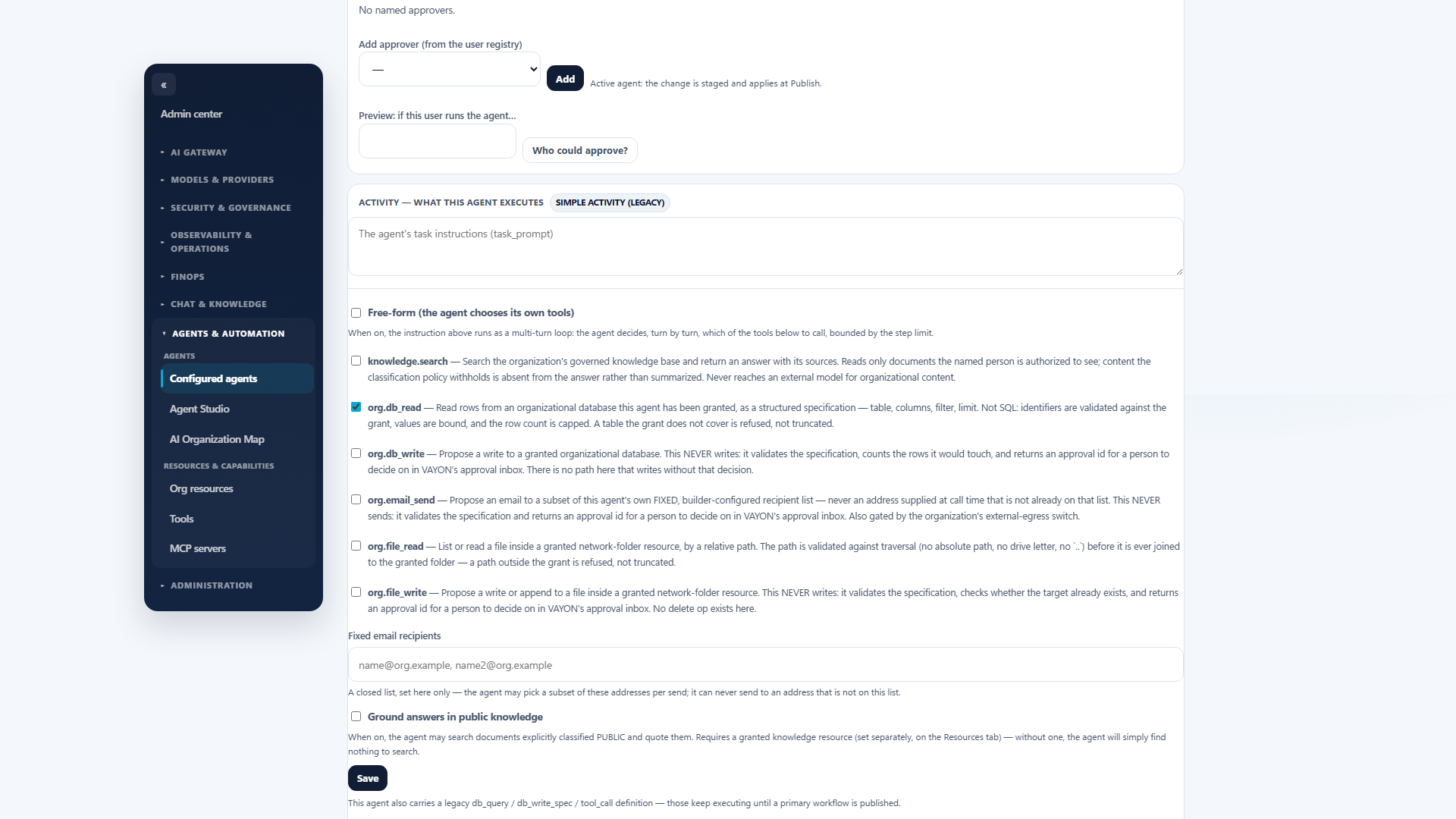 The agent's tool grants, each tool carrying the rule that governs it — a write tool proposes a change and returns an approval id rather than writing.
