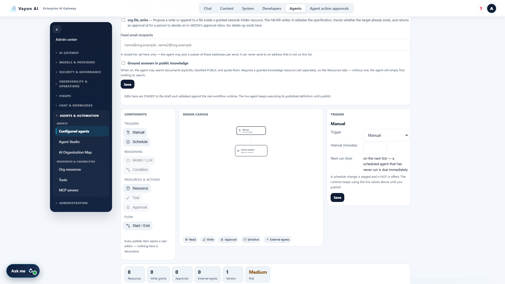 Agent Studio's design canvas and trigger editor: a write tool stating it never writes but returns an approval id, and a schedule change marked as staged and not in effect until publish.